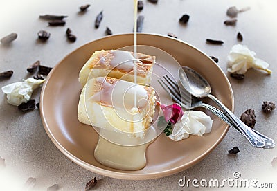 Two slices of Japanese style cheesecake, soft souffle served on a plate with a toping. Stock Photo