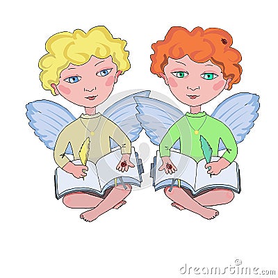 Two small angel with book and pen Vector Illustration