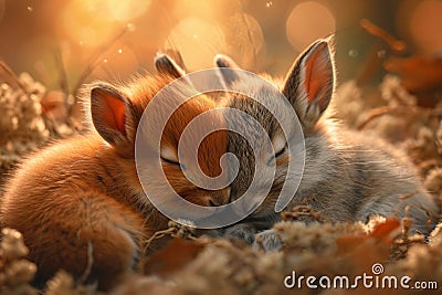 two small brown and orange bunnies are cuddled together Stock Photo