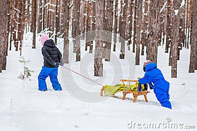 Two small children with sleds in the forest. Family walk in the woods Stock Photo