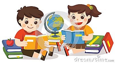 Two small kids holding open books and reading. Isolated vector. Vector Illustration