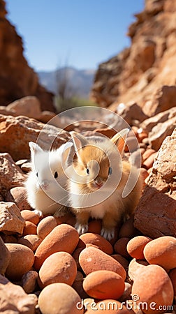 Two small rabbits sitting on top of a pile of rocks, AI Stock Photo