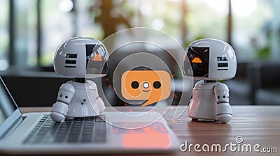 Two small robots on a desk with a laptop, communicating through a floating, smiling chat bubble, symbolizing AI interaction Cartoon Illustration