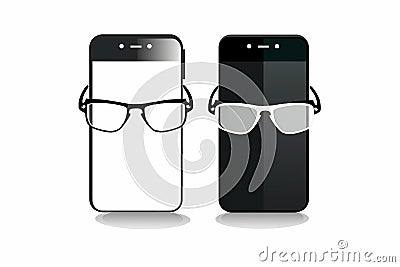 Two smartphones black and white with glasses. Icon. White background. Stock Photo