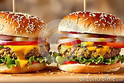 Two smash burgers with cheddar cheese, bacon and garlic sauce. Rustic craft burger, generative ai Stock Photo
