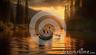Two smiling adults enjoy canoeing in tranquil autumn Alberta waters generated by AI Stock Photo