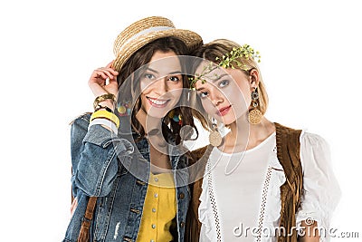 Smiling bisexual hippie girls isolated on white Stock Photo