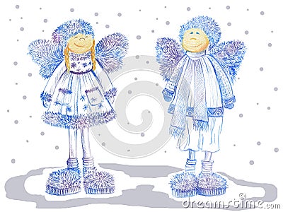 Two smiling christmas angels with fluffy wings on white background. Stock Photo