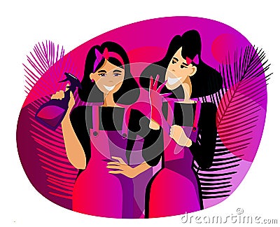 Two smiling cleaning ladies in overalls gloves and with detergent in their hands. Vector illustration Cartoon Illustration