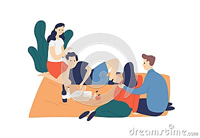 Two smiling couple enjoying outdoor picnic vector flat illustration. Happy young friends relaxing, talking isolated on Vector Illustration