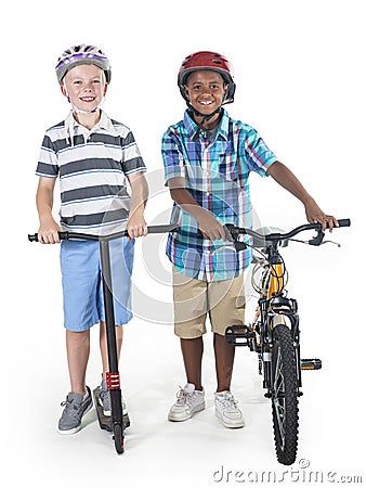 Two smiling diverse schoolkids isolated on a white background Stock Photo