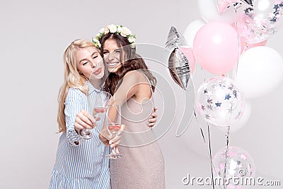 Smiling girlfriends having fun celebrating bachelorette party Stock Photo