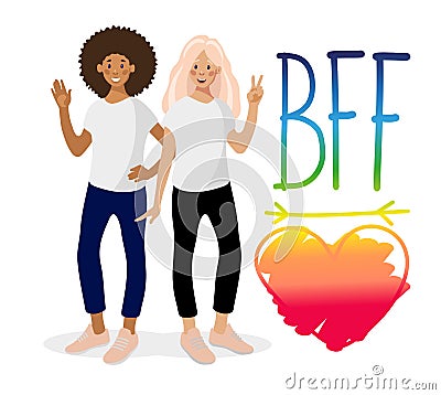 Two smiling girls, hand drawn phrase and heart on white background. Vector Illustration