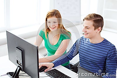 Two smiling students having discussion Stock Photo