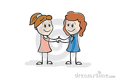 Two smiling women holding each other hands. Cartoon stick figure drawing of women shaking hands or doing handshake. Vector Illustration