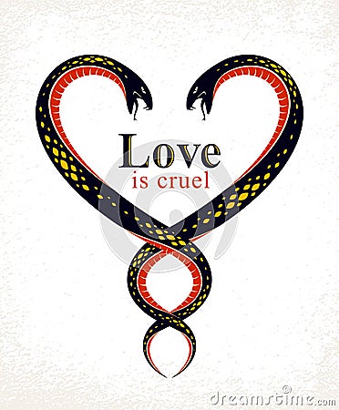 Two Snakes in a shape of heart, love is cruel concept, lovers couple arguing, quarrels in relations, vector logo emblem or tattoo Vector Illustration