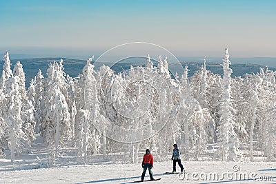Two snowboarder and snovy white trees on winter mountains Stock Photo
