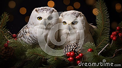 two snowy owls on a Christmas tree branch with a fir cone, against the backdrop of night lights, banner Stock Photo