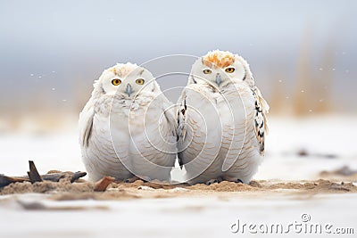 two snowy owls roosting side by side on snowy ground Stock Photo