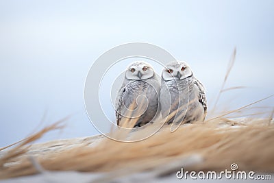 two snowy owls roosting side by side on snowy ground Stock Photo