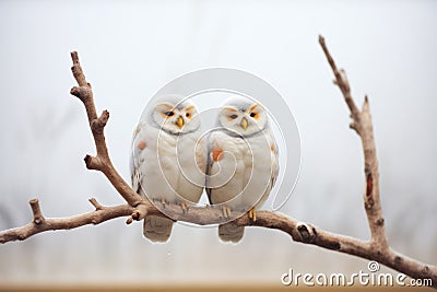 two snowy owls roosting on a snowy branch Stock Photo