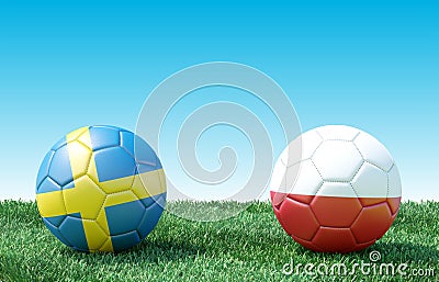 Two soccer balls in flags colors on green grass. Sweden and Poland Stock Photo