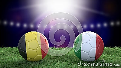 Two soccer balls in flags colors on stadium blurred background. Belgium and Italy. Stock Photo