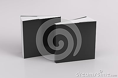 Two softcover or paperback square black mockup books standing on the white background. Blank front and back cover Cartoon Illustration