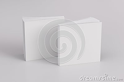 Two softcover or paperback square white mockup books standing on the white background. Blank front and back cover Cartoon Illustration