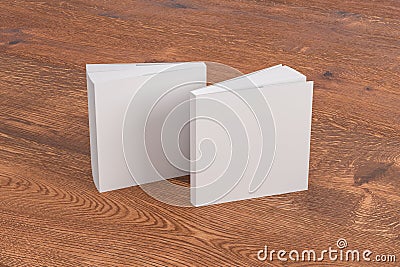 Two softcover or paperback square white mockup books standing on the wooden background. Blank front and back cover Cartoon Illustration