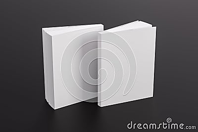 Two softcover or paperback vertical white mockup books standing on the black table. Blank front and back cover Cartoon Illustration