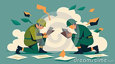 Two soldiers crouched behind a tree scribbling frantically on pieces of torn paper exchanging strategies and updates on Vector Illustration