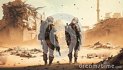 Two soldiers walking through the ruins of a military base. Conceptual image. Generative AI Stock Photo