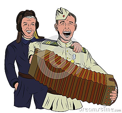 Two Soviet soldiers sing and play the accordion Vector Illustration