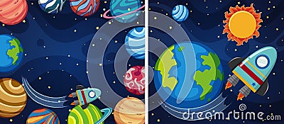 Two space background with planets and rocket Vector Illustration