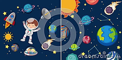 Two space scenes with planets and astronaut Vector Illustration