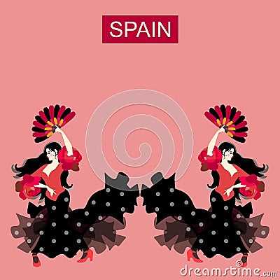 Two Spanish girls dressed in traditional dresses and with fans in their hands, dancing flamenco. Template for banner Vector Illustration