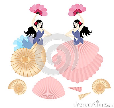 Two Spanish girls in the form of mermaids are dancing flamenco isolated on white background in vector. Sea shells Vector Illustration