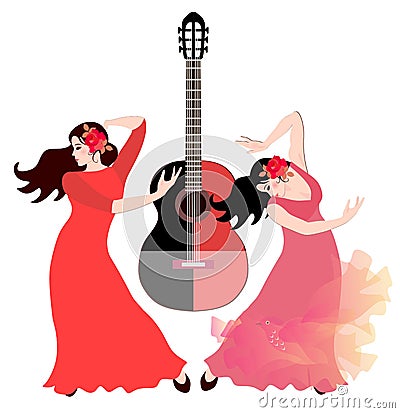 Two Spanish girls in long dresses dancing flamenco. Black - red guitar in the background Vector Illustration