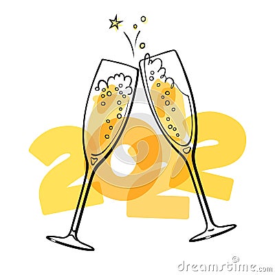 Two sparkling glasses of champagne. 2022 Merry Christmas and Happy New Year. Hand drawn retro style vector illustration Vector Illustration