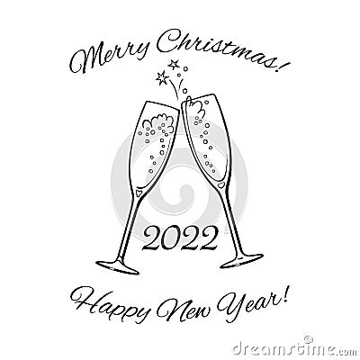 Two sparkling glasses of champagne. 2022 Merry Christmas and Happy New Year text. Vector illustration Vector Illustration