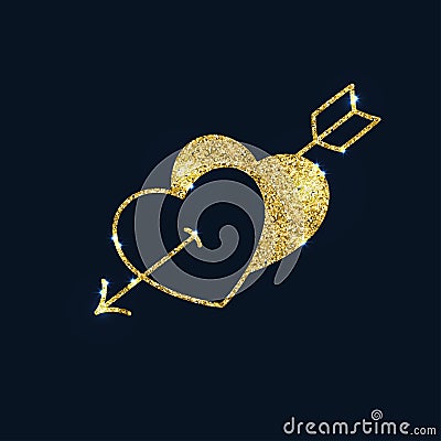 Two sparkling gold hearts pierced by an arrow. Glitter textured Vector Illustration