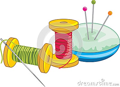Two spools of thread with needle and dressmaking pins Vector Illustration