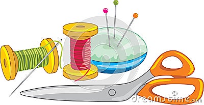Two spools of thread with needle, dressmaking pins and scissors Vector Illustration