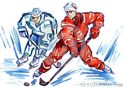 Two sportsmen hockey players fighting for the puck at high speed Cartoon Illustration