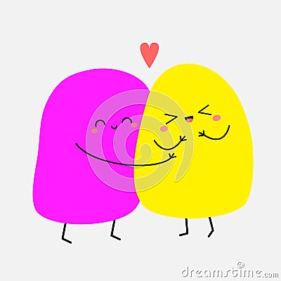 Two spot shape character hugging family couple. Pink heart. Hug, embrace, cuddle. Girl Boy. Cute funny cartoon smiling monsters. Vector Illustration