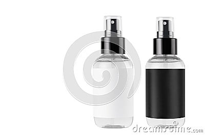 Two spray bottles for cosmetics product with black, white blank labels isolated on white background, mock up for branding. Stock Photo