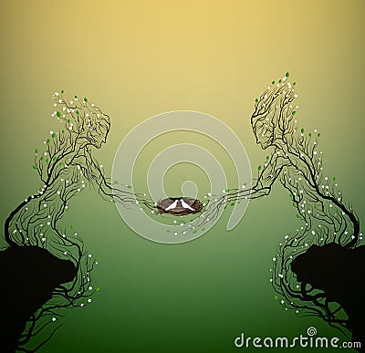 Two spring tree silhouettes looks like man and woman and holding the nest with white pigeeons, family concept, Vector Illustration