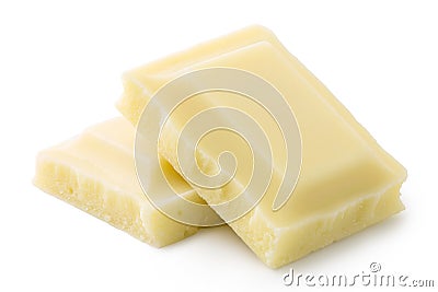 Two squares of white chocolate isolated on white. Rough edges Stock Photo