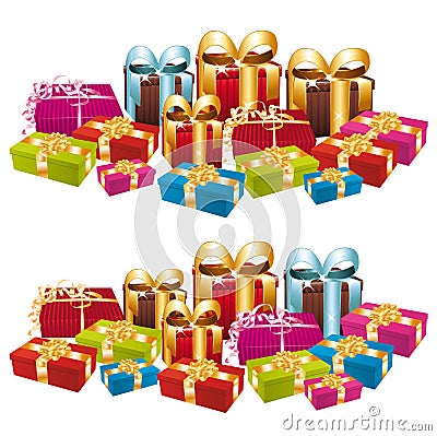 Two stacks of colorful festive gifts. Vector Illustration